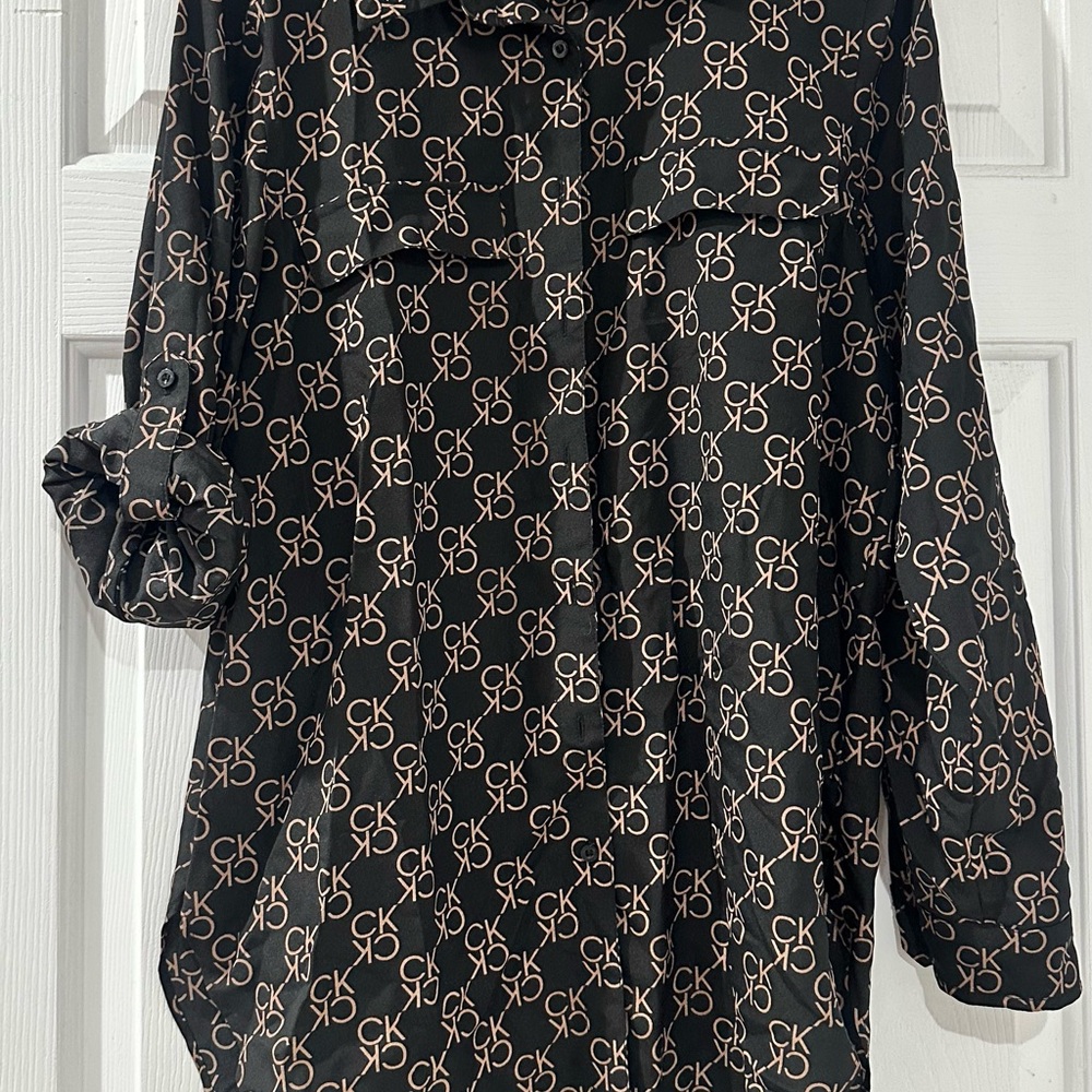 Calvin Klein Black and Pink Patterned Top